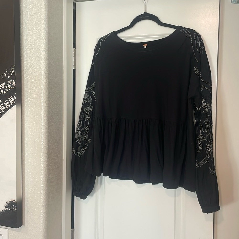 Free People Women’s Peplum Lace See-Through Sleeve Black Top OB874731 Size Small